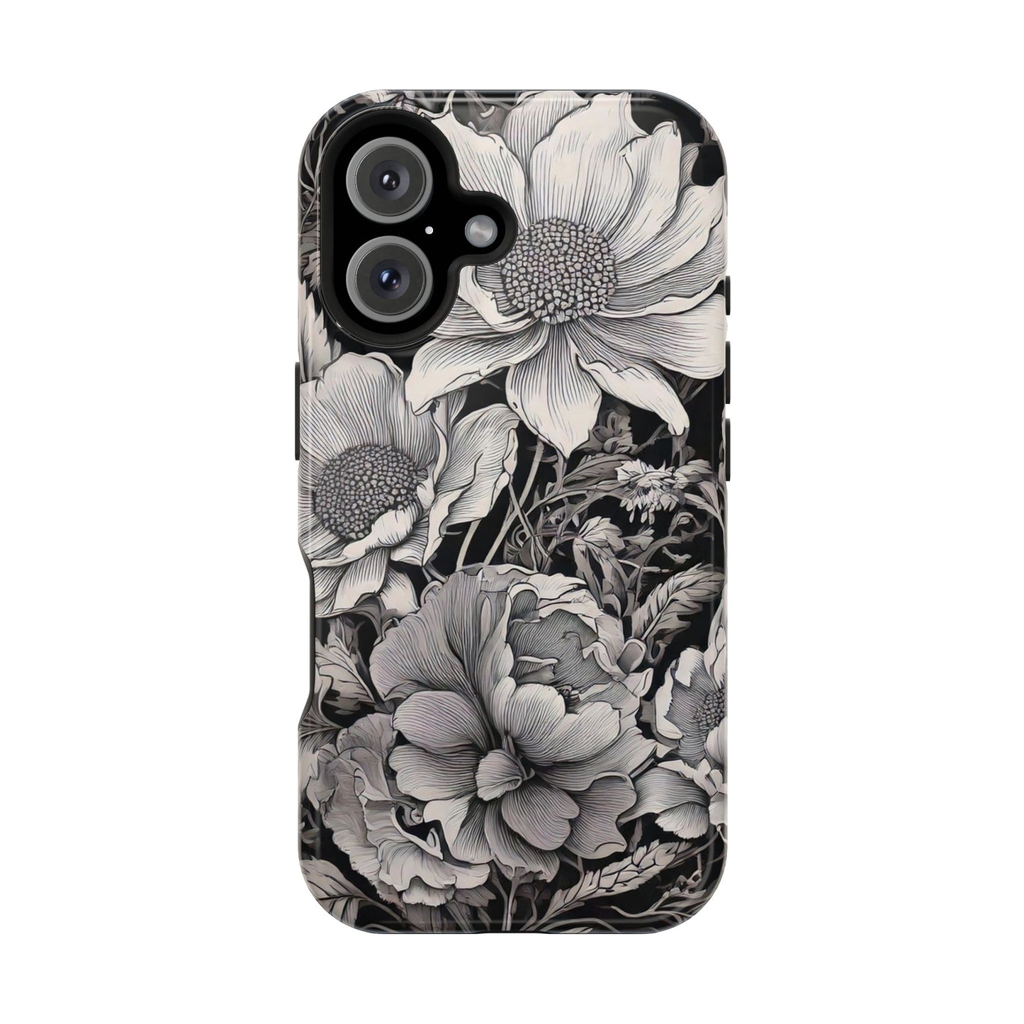 Black & White Floral Retro Phone Case, Phone Cover For iPhone 16 and More - Samsung S Series - Tough Case, Girly Phone Case Unique Gifts