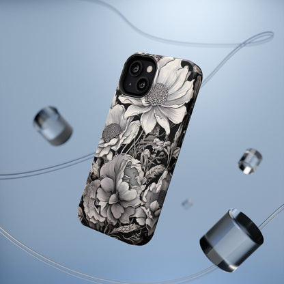 Black & White Floral Retro Phone Case, Phone Cover For iPhone 16 and More - Samsung S Series - Tough Case, Girly Phone Case Unique Gifts