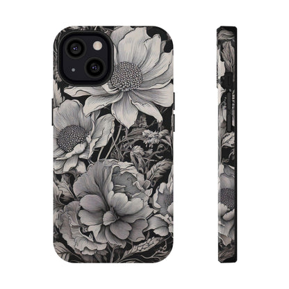 Black & White Floral Retro Phone Case, Phone Cover For iPhone 16 and More - Samsung S Series - Tough Case, Girly Phone Case Unique Gifts