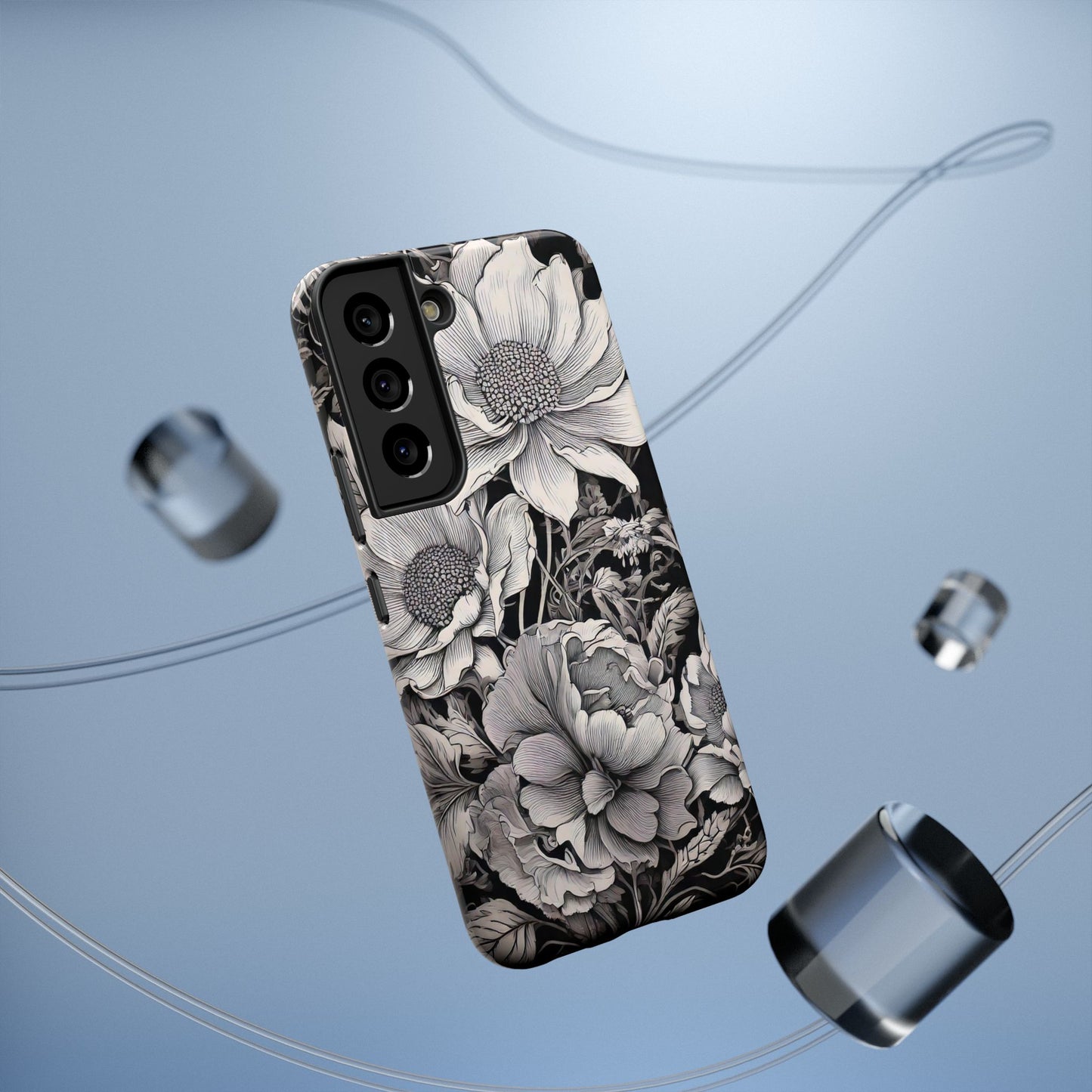 Black & White Floral Retro Phone Case, Phone Cover For iPhone 16 and More - Samsung S Series - Tough Case, Girly Phone Case Unique Gifts