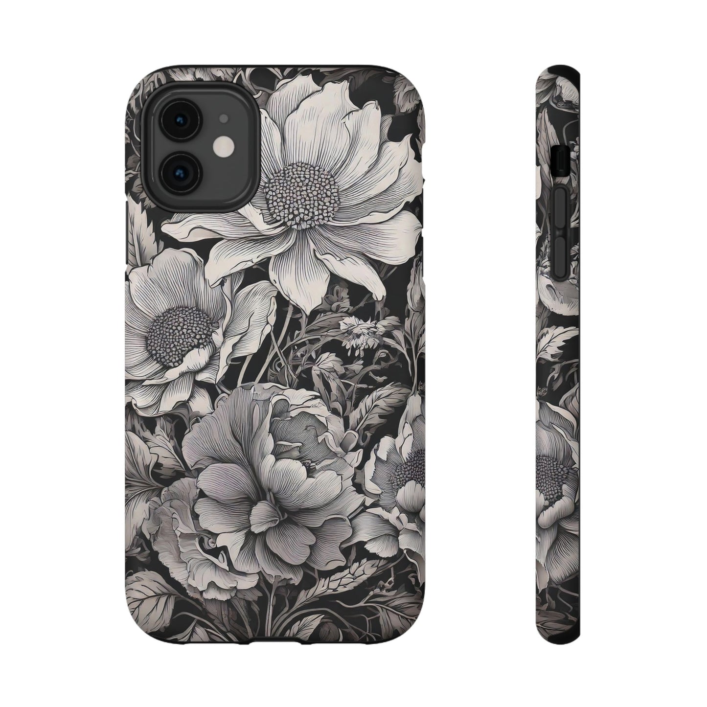 Black & White Floral Retro Phone Case, Phone Cover For iPhone 16 and More - Samsung S Series - Tough Case, Girly Phone Case Unique Gifts