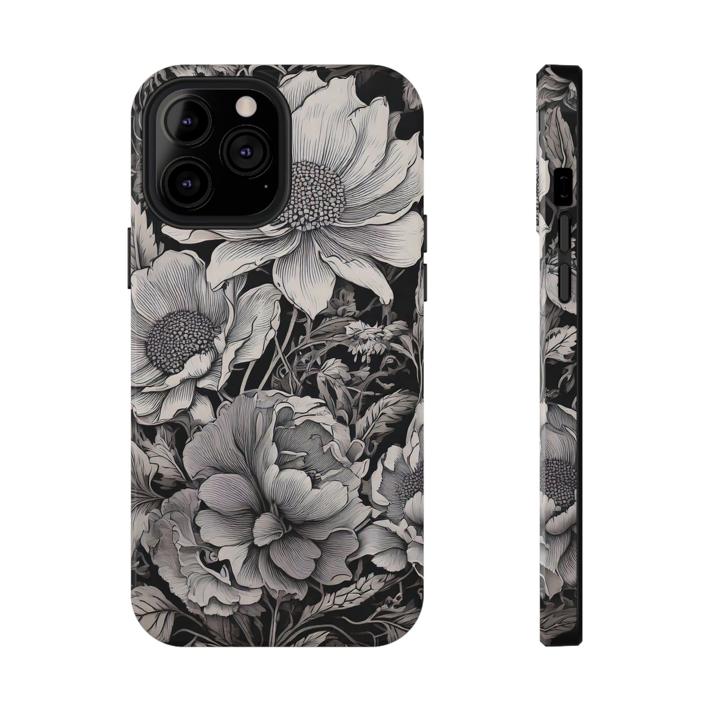 Black & White Floral Retro Phone Case, Phone Cover For iPhone 16 and More - Samsung S Series - Tough Case, Girly Phone Case Unique Gifts