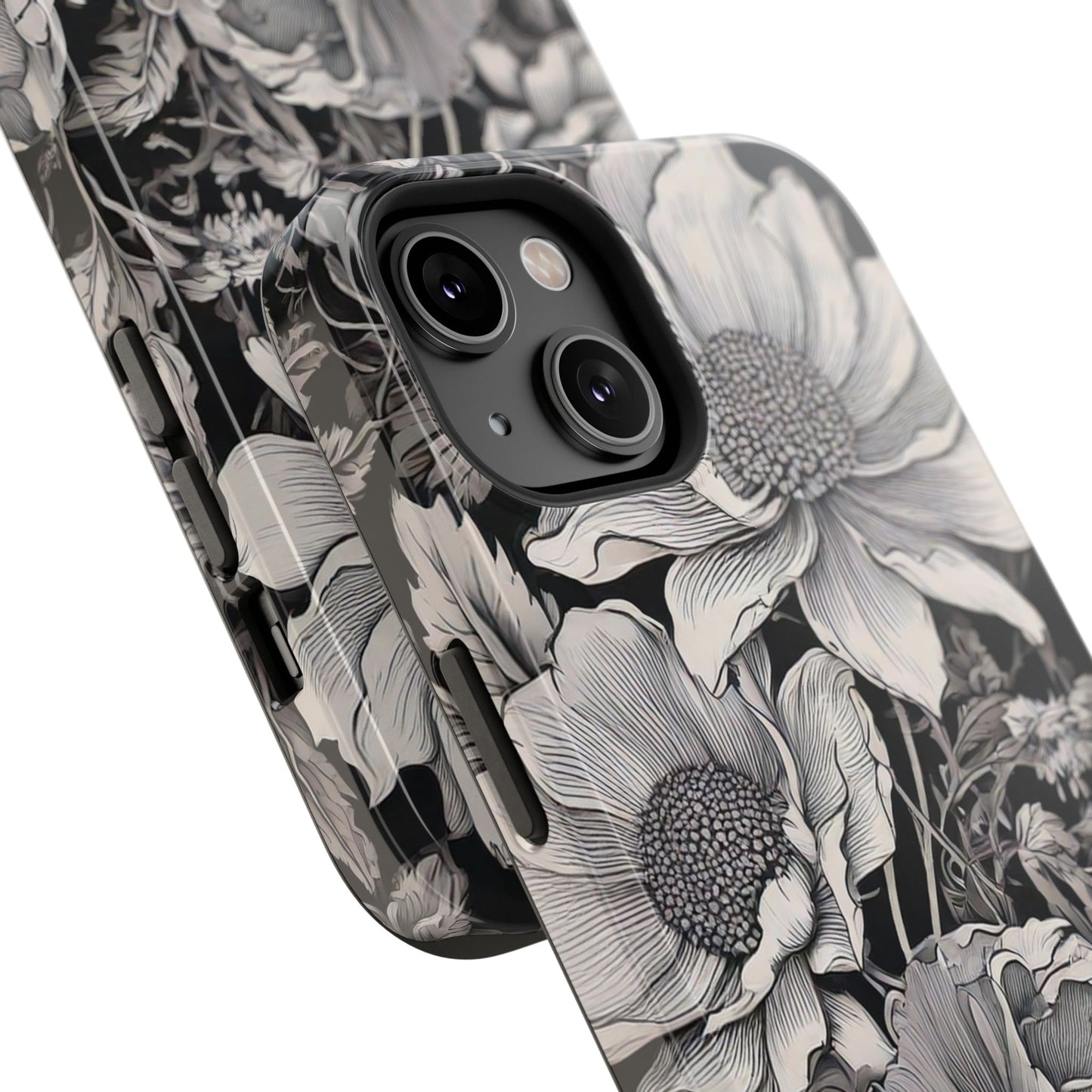 Black & White Floral Retro Phone Case, Phone Cover For iPhone 16 and More - Samsung S Series - Tough Case, Girly Phone Case Unique Gifts