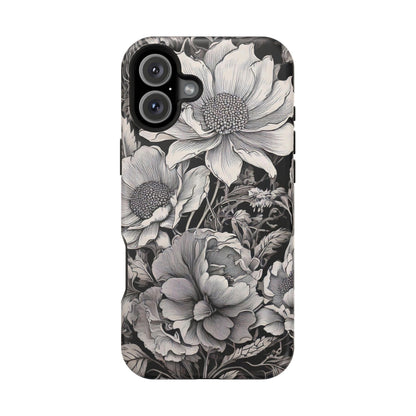 Black & White Floral Retro Phone Case, Phone Cover For iPhone 16 and More - Samsung S Series - Tough Case, Girly Phone Case Unique Gifts