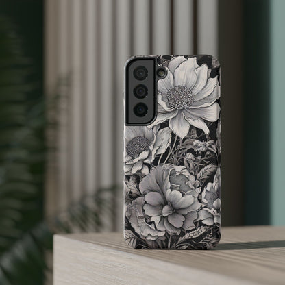 Black & White Floral Retro Phone Case, Phone Cover For iPhone 16 and More - Samsung S Series - Tough Case, Girly Phone Case Unique Gifts