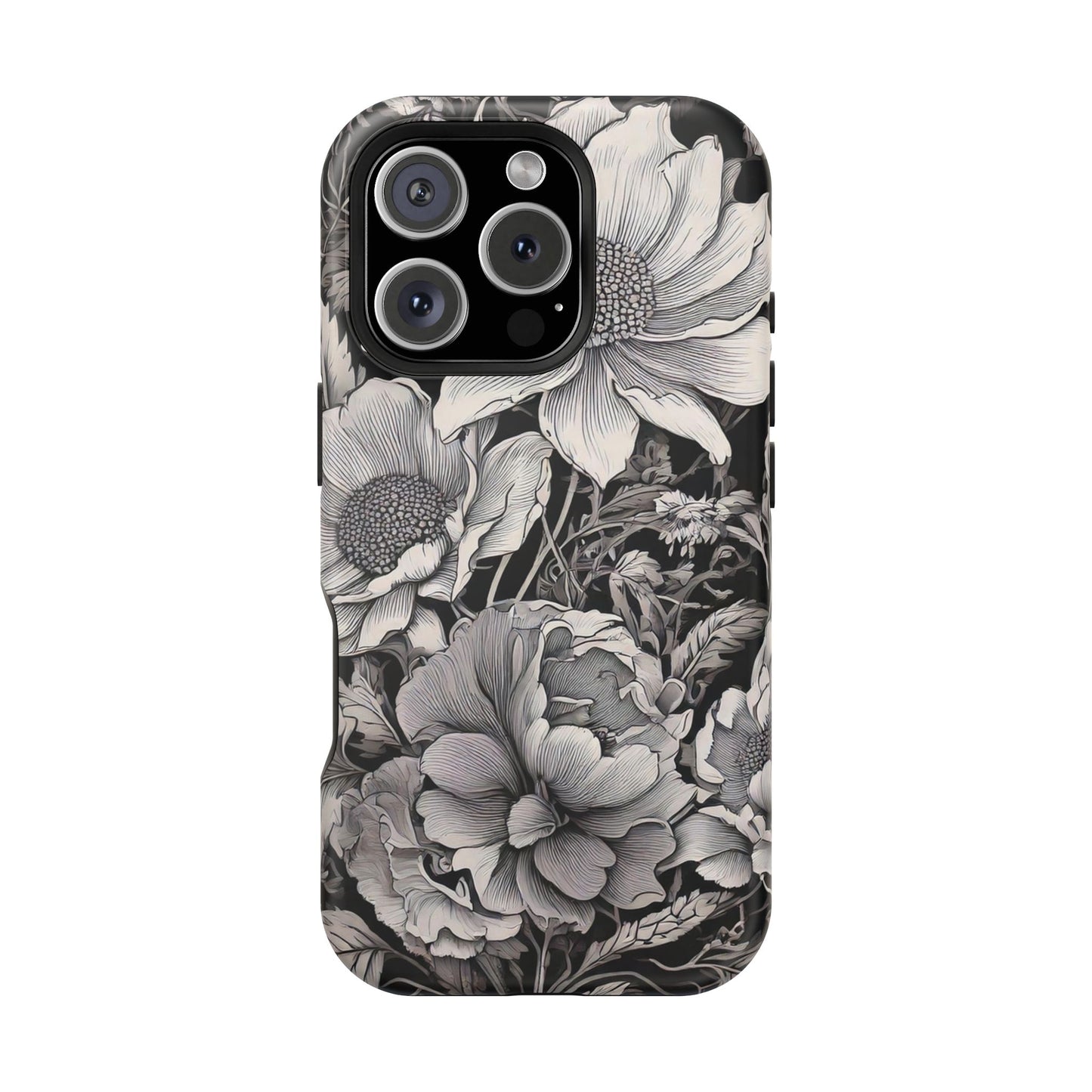 Black & White Floral Retro Phone Case, Phone Cover For iPhone 16 and More - Samsung S Series - Tough Case, Girly Phone Case Unique Gifts