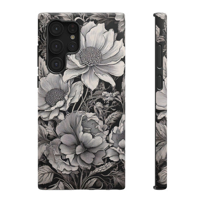 Black & White Floral Retro Phone Case, Phone Cover For iPhone 16 and More - Samsung S Series - Tough Case, Girly Phone Case Unique Gifts