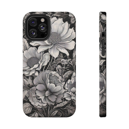 Black & White Floral Retro Phone Case, Phone Cover For iPhone 16 and More - Samsung S Series - Tough Case, Girly Phone Case Unique Gifts