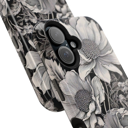 Black & White Floral Retro Phone Case, Phone Cover For iPhone 16 and More - Samsung S Series - Tough Case, Girly Phone Case Unique Gifts