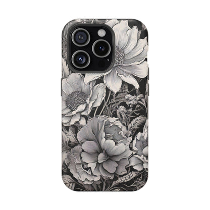 Black & White Floral Retro Phone Case, Phone Cover For iPhone 16 and More - Samsung S Series - Tough Case, Girly Phone Case Unique Gifts