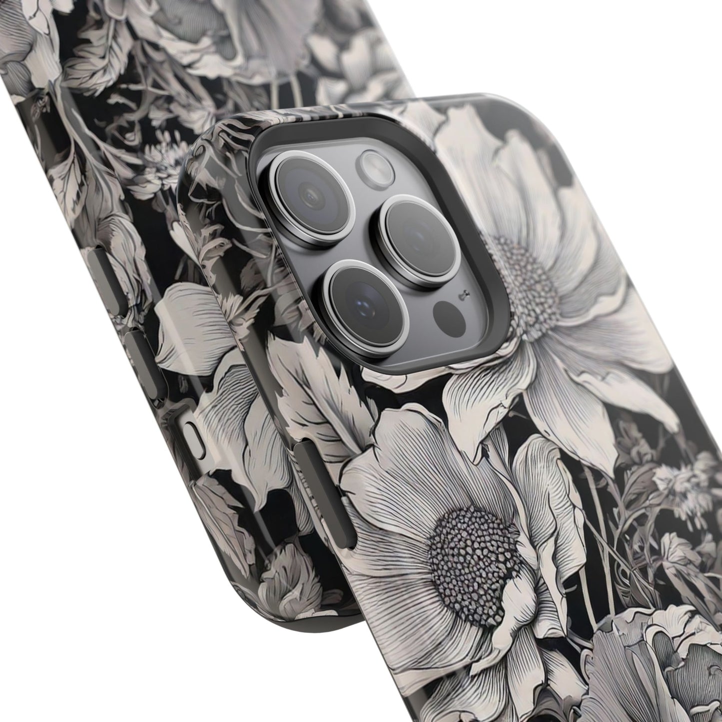 Black & White Floral Retro Phone Case, Phone Cover For iPhone 16 and More - Samsung S Series - Tough Case, Girly Phone Case Unique Gifts