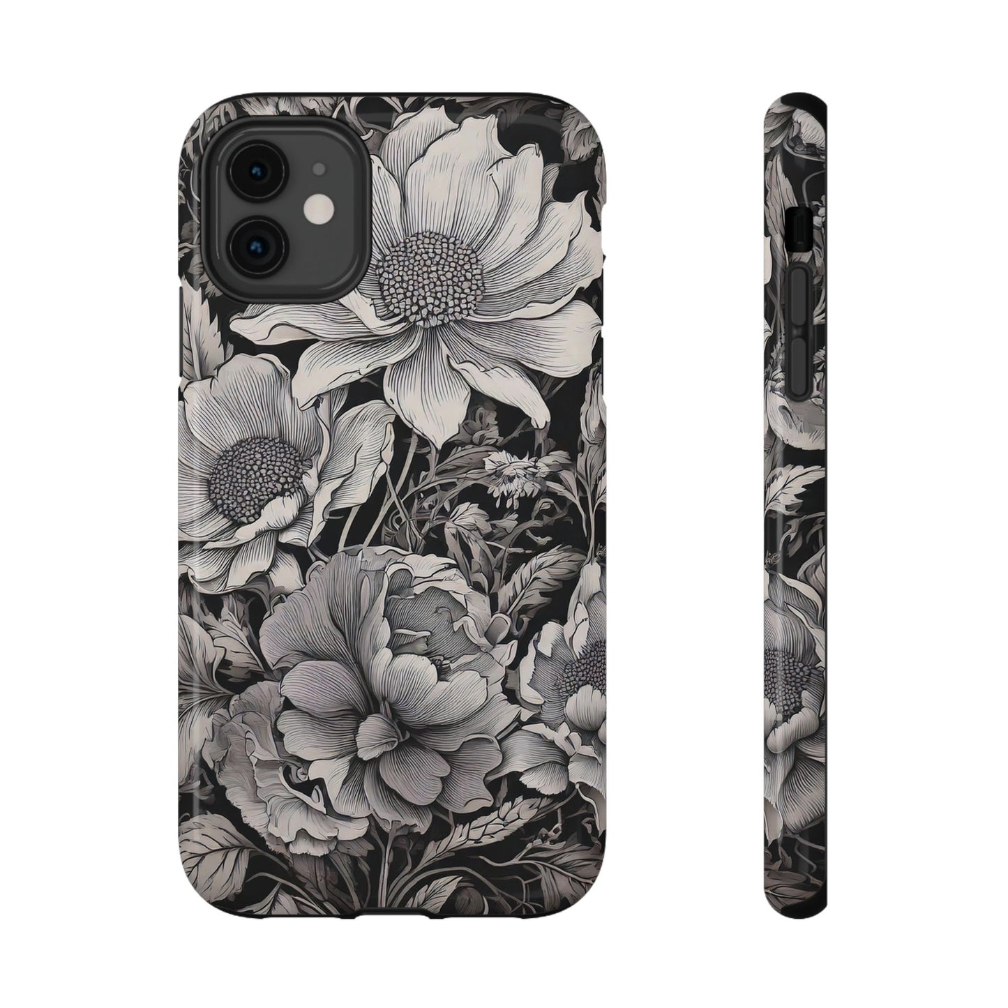 Black & White Floral Retro Phone Case, Phone Cover For iPhone 16 and More - Samsung S Series - Tough Case, Girly Phone Case Unique Gifts