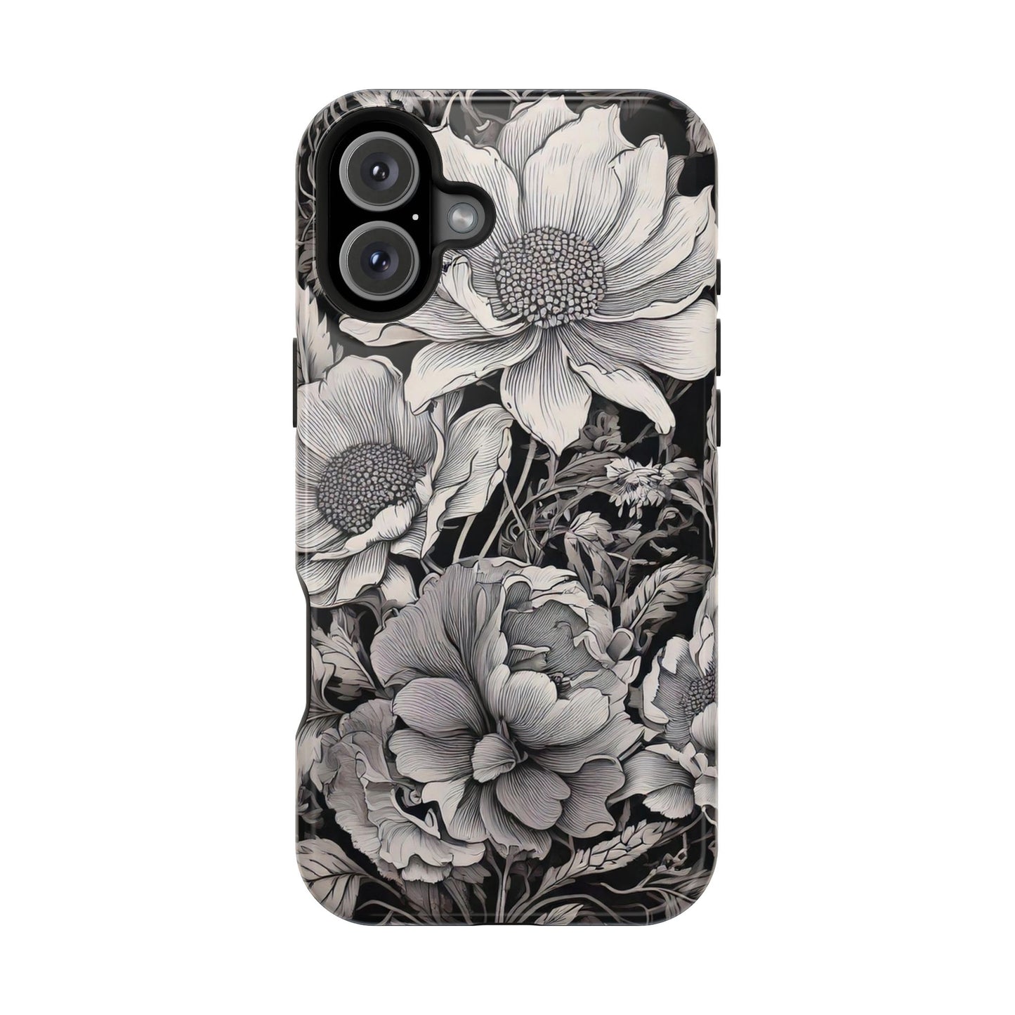 Black & White Floral Retro Phone Case, Phone Cover For iPhone 16 and More - Samsung S Series - Tough Case, Girly Phone Case Unique Gifts