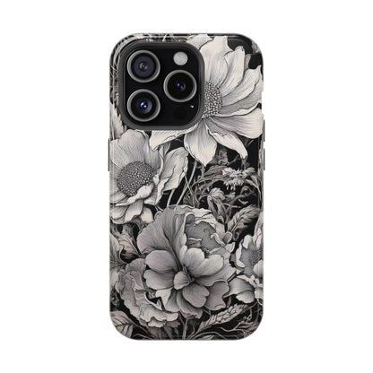 Black & White Floral Retro Phone Case, Phone Cover For iPhone 16 and More - Samsung S Series - Tough Case, Girly Phone Case Unique Gifts