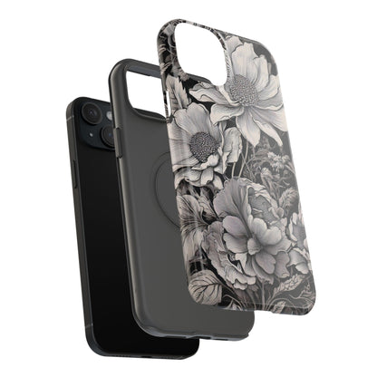 Black & White Floral Retro Phone Case, Phone Cover For iPhone 16 and More - Samsung S Series - Tough Case, Girly Phone Case Unique Gifts