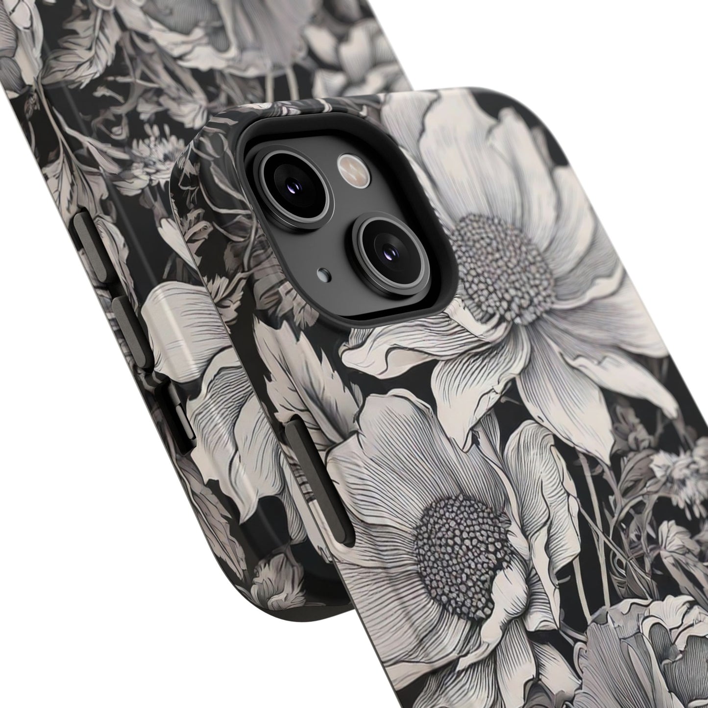 Black & White Floral Retro Phone Case, Phone Cover For iPhone 16 and More - Samsung S Series - Tough Case, Girly Phone Case Unique Gifts