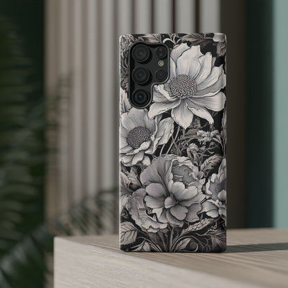 Black & White Floral Retro Phone Case, Phone Cover For iPhone 16 and More - Samsung S Series - Tough Case, Girly Phone Case Unique Gifts