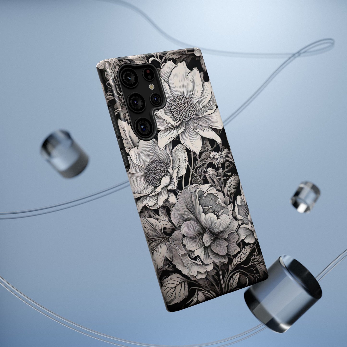 Black & White Floral Retro Phone Case, Phone Cover For iPhone 16 and More - Samsung S Series - Tough Case, Girly Phone Case Unique Gifts