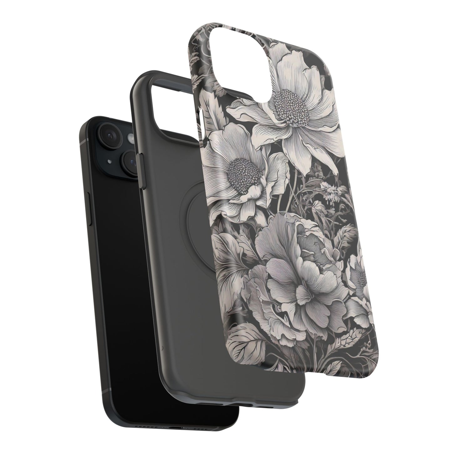 Black & White Floral Retro Phone Case, Phone Cover For iPhone 16 and More - Samsung S Series - Tough Case, Girly Phone Case Unique Gifts