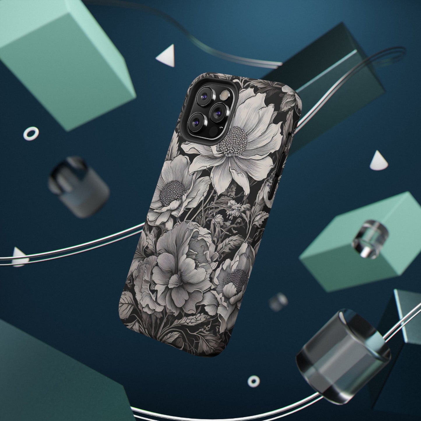 Black & White Floral Retro Phone Case, Phone Cover For iPhone 16 and More - Samsung S Series - Tough Case, Girly Phone Case Unique Gifts