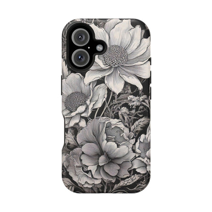 Black & White Floral Retro Phone Case, Phone Cover For iPhone 16 and More - Samsung S Series - Tough Case, Girly Phone Case Unique Gifts