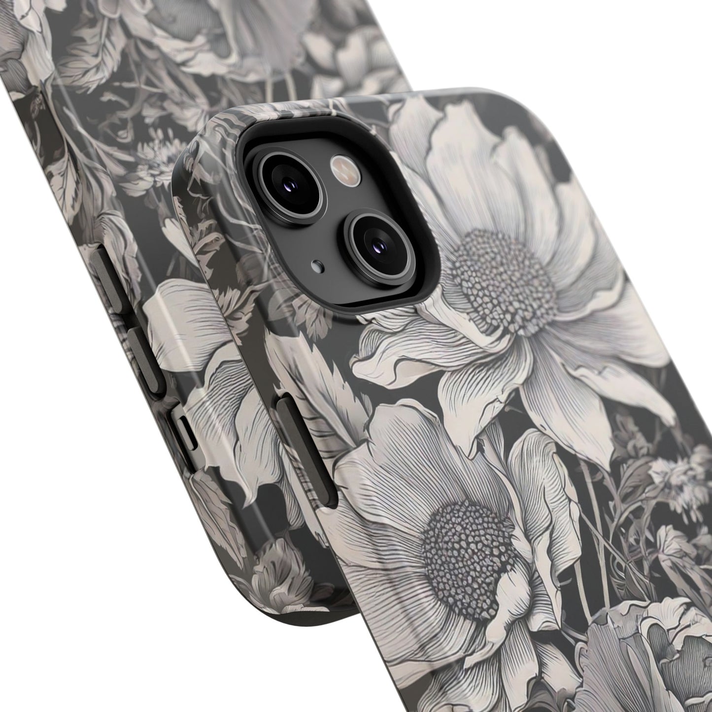 Black & White Floral Retro Phone Case, Phone Cover For iPhone 16 and More - Samsung S Series - Tough Case, Girly Phone Case Unique Gifts