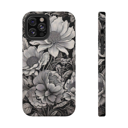 Black & White Floral Retro Phone Case, Phone Cover For iPhone 16 and More - Samsung S Series - Tough Case, Girly Phone Case Unique Gifts