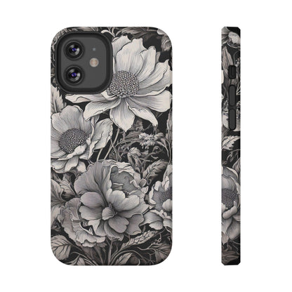 Black & White Floral Retro Phone Case, Phone Cover For iPhone 16 and More - Samsung S Series - Tough Case, Girly Phone Case Unique Gifts