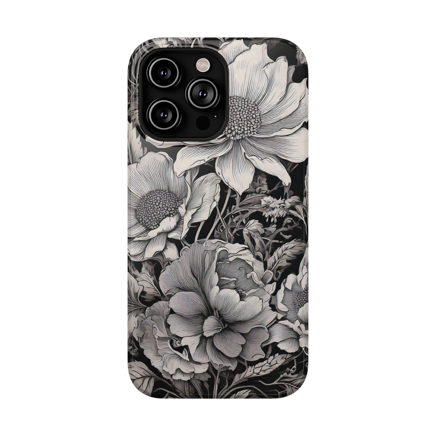 Black & White Floral Retro Phone Case, Phone Cover For iPhone 16 and More - Samsung S Series - Tough Case, Girly Phone Case Unique Gifts