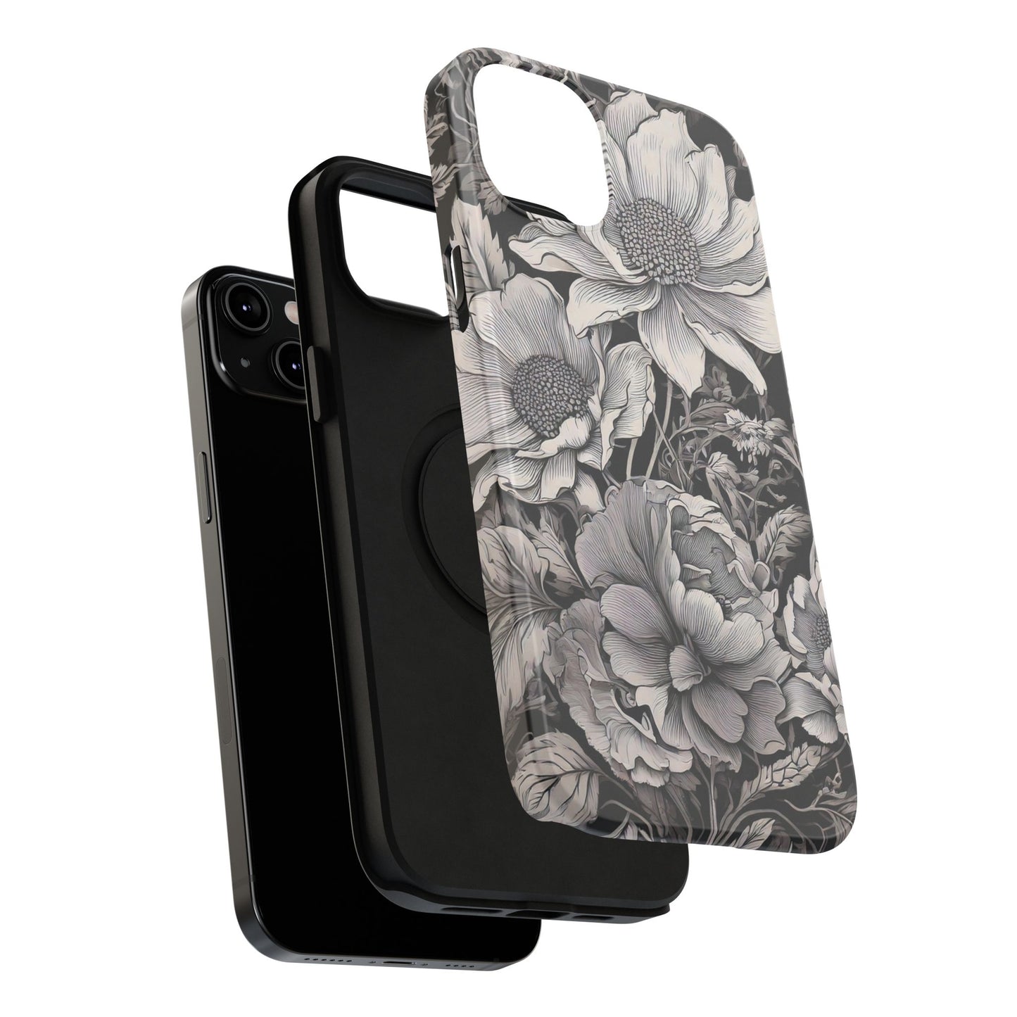 Black & White Floral Retro Phone Case, Phone Cover For iPhone 16 and More - Samsung S Series - Tough Case, Girly Phone Case Unique Gifts