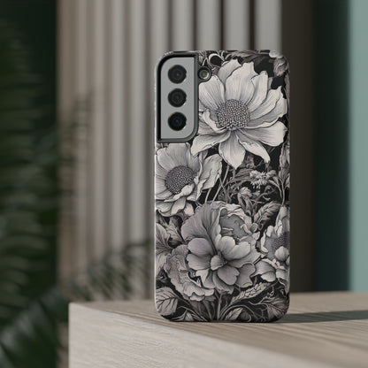 Black & White Floral Retro Phone Case, Phone Cover For iPhone 16 and More - Samsung S Series - Tough Case, Girly Phone Case Unique Gifts