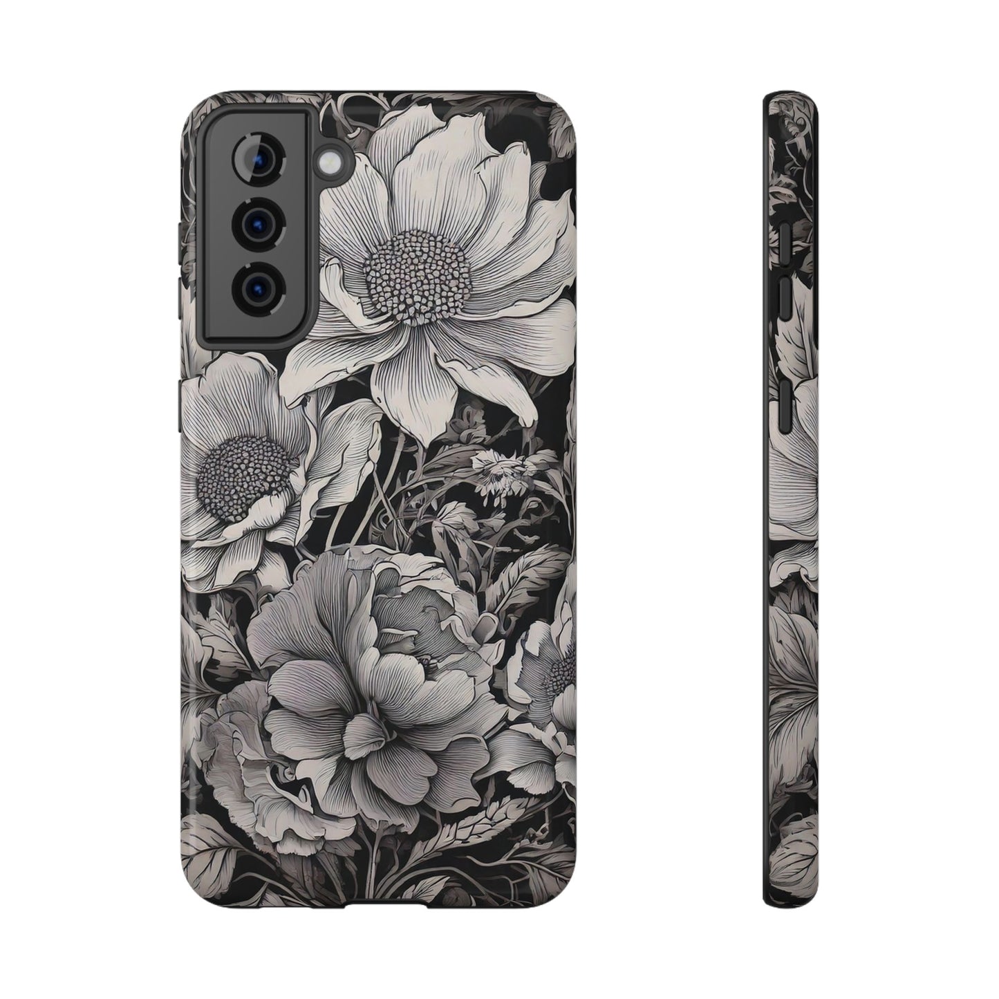 Black & White Floral Retro Phone Case, Phone Cover For iPhone 16 and More - Samsung S Series - Tough Case, Girly Phone Case Unique Gifts