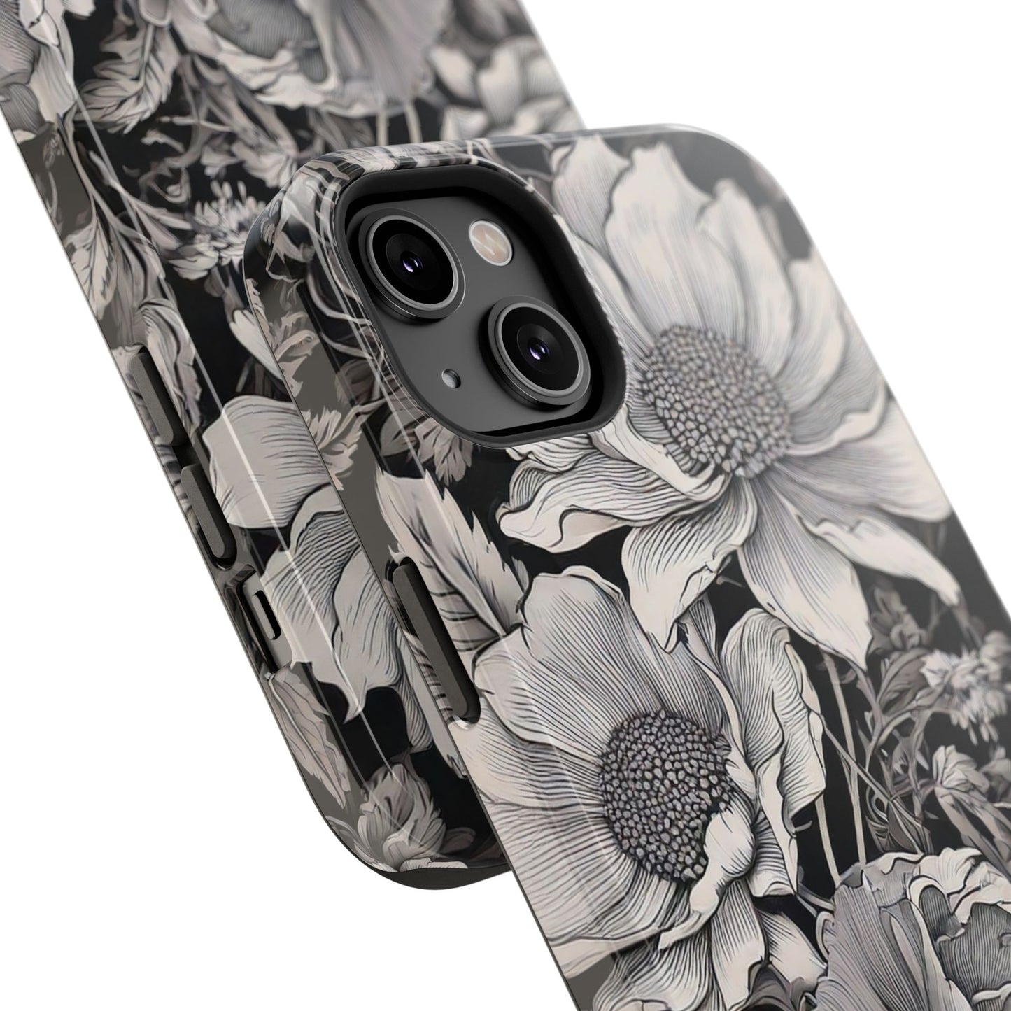 Black & White Floral Retro Phone Case, Phone Cover For iPhone 16 and More - Samsung S Series - Tough Case, Girly Phone Case Unique Gifts