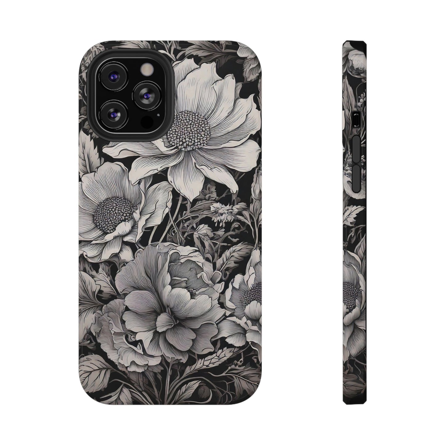 Black & White Floral Retro Phone Case, Phone Cover For iPhone 16 and More - Samsung S Series - Tough Case, Girly Phone Case Unique Gifts