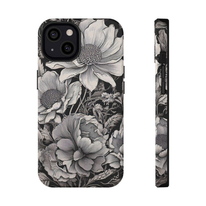 Black & White Floral Retro Phone Case, Phone Cover For iPhone 16 and More - Samsung S Series - Tough Case, Girly Phone Case Unique Gifts