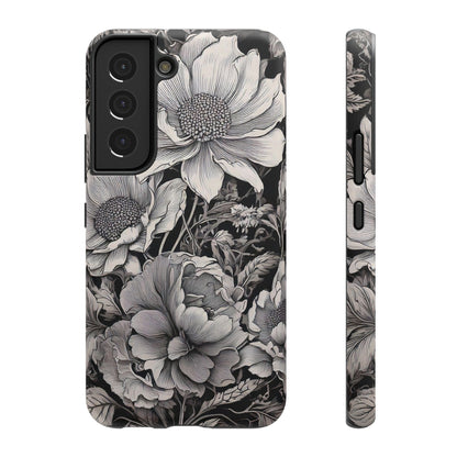 Black & White Floral Retro Phone Case, Phone Cover For iPhone 16 and More - Samsung S Series - Tough Case, Girly Phone Case Unique Gifts