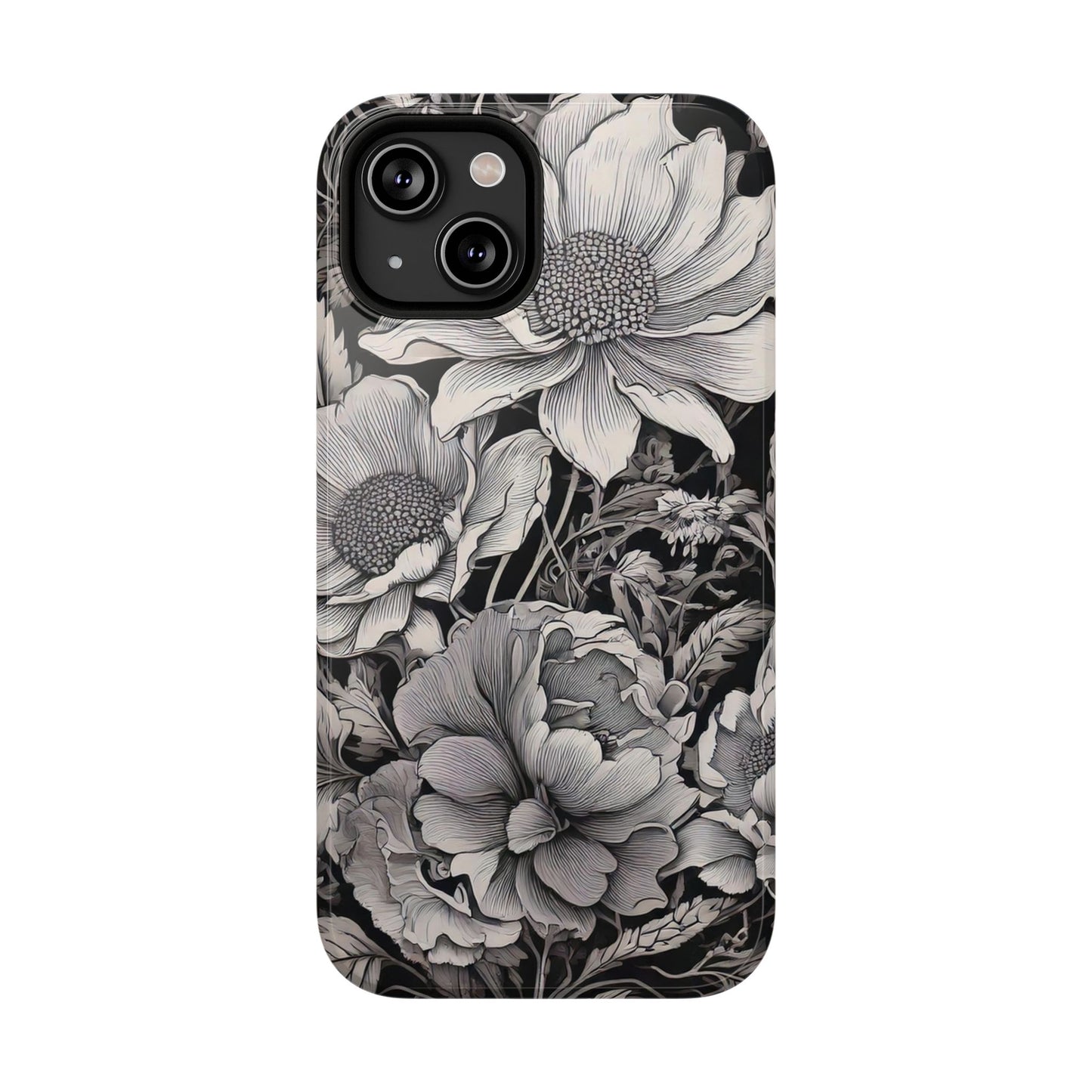 Black & White Floral Retro Phone Case, Phone Cover For iPhone 16 and More - Samsung S Series - Tough Case, Girly Phone Case Unique Gifts