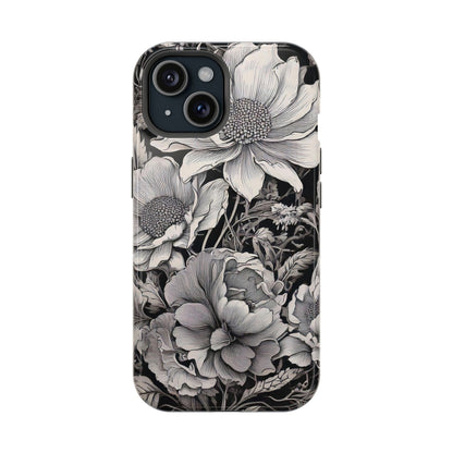 Black & White Floral Retro Phone Case, Phone Cover For iPhone 16 and More - Samsung S Series - Tough Case, Girly Phone Case Unique Gifts