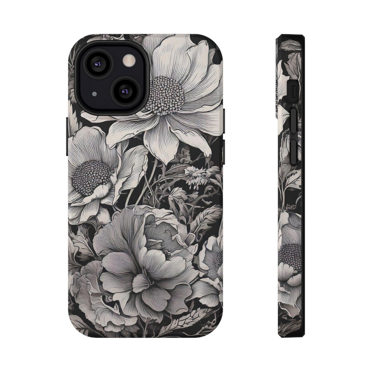 Black & White Floral Retro Phone Case, Phone Cover For iPhone 16 and More - Samsung S Series - Tough Case, Girly Phone Case Unique Gifts