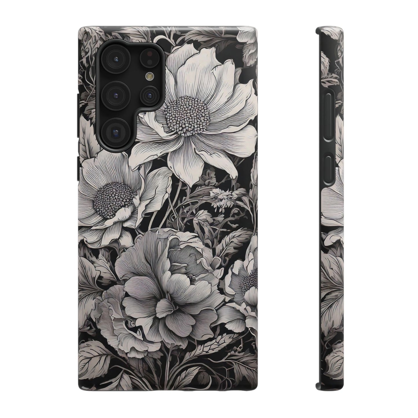 Black & White Floral Retro Phone Case, Phone Cover For iPhone 16 and More - Samsung S Series - Tough Case, Girly Phone Case Unique Gifts