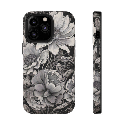 Black & White Floral Retro Phone Case, Phone Cover For iPhone 16 and More - Samsung S Series - Tough Case, Girly Phone Case Unique Gifts