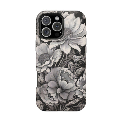 Black & White Floral Retro Phone Case, Phone Cover For iPhone 16 and More - Samsung S Series - Tough Case, Girly Phone Case Unique Gifts