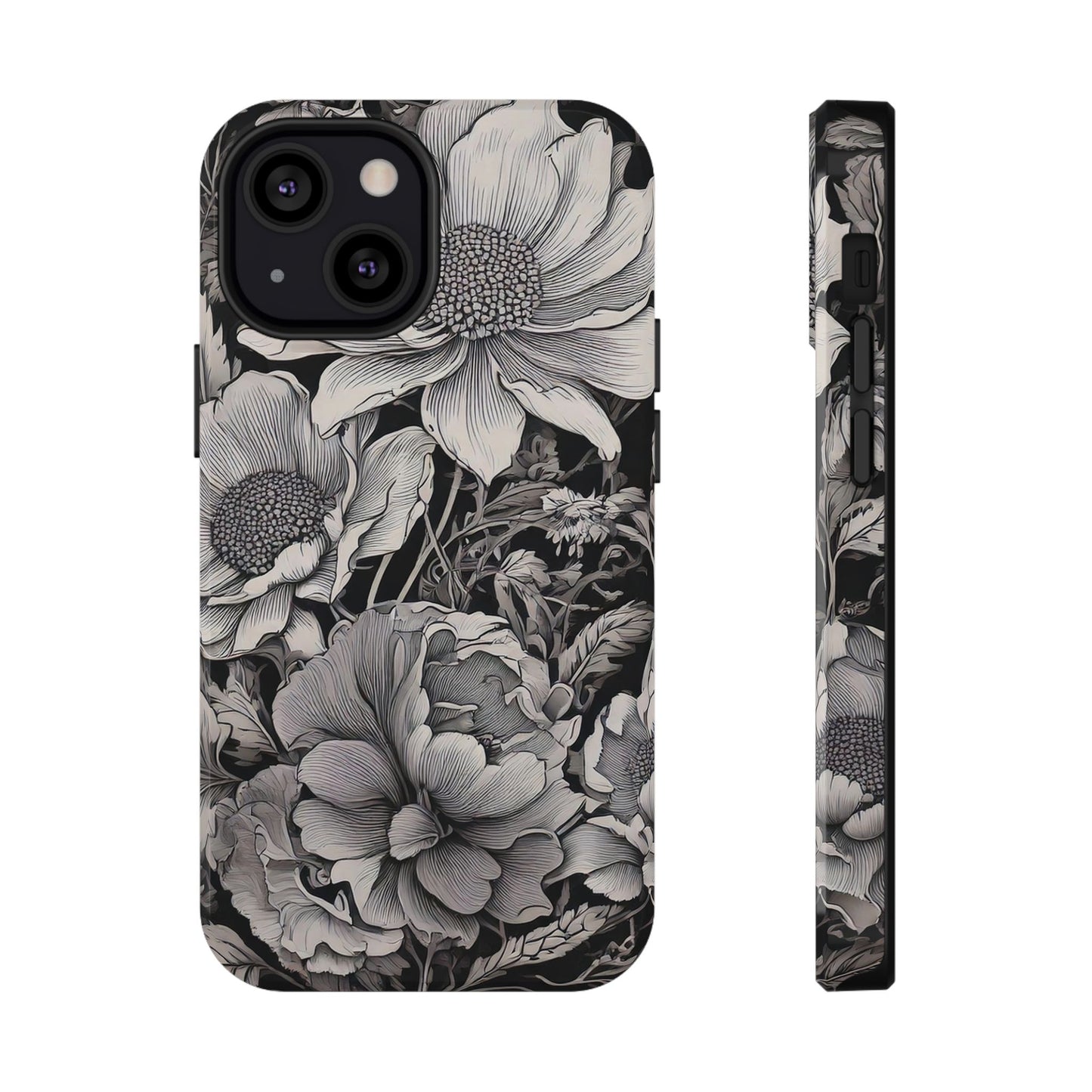 Black & White Floral Retro Phone Case, Phone Cover For iPhone 16 and More - Samsung S Series - Tough Case, Girly Phone Case Unique Gifts